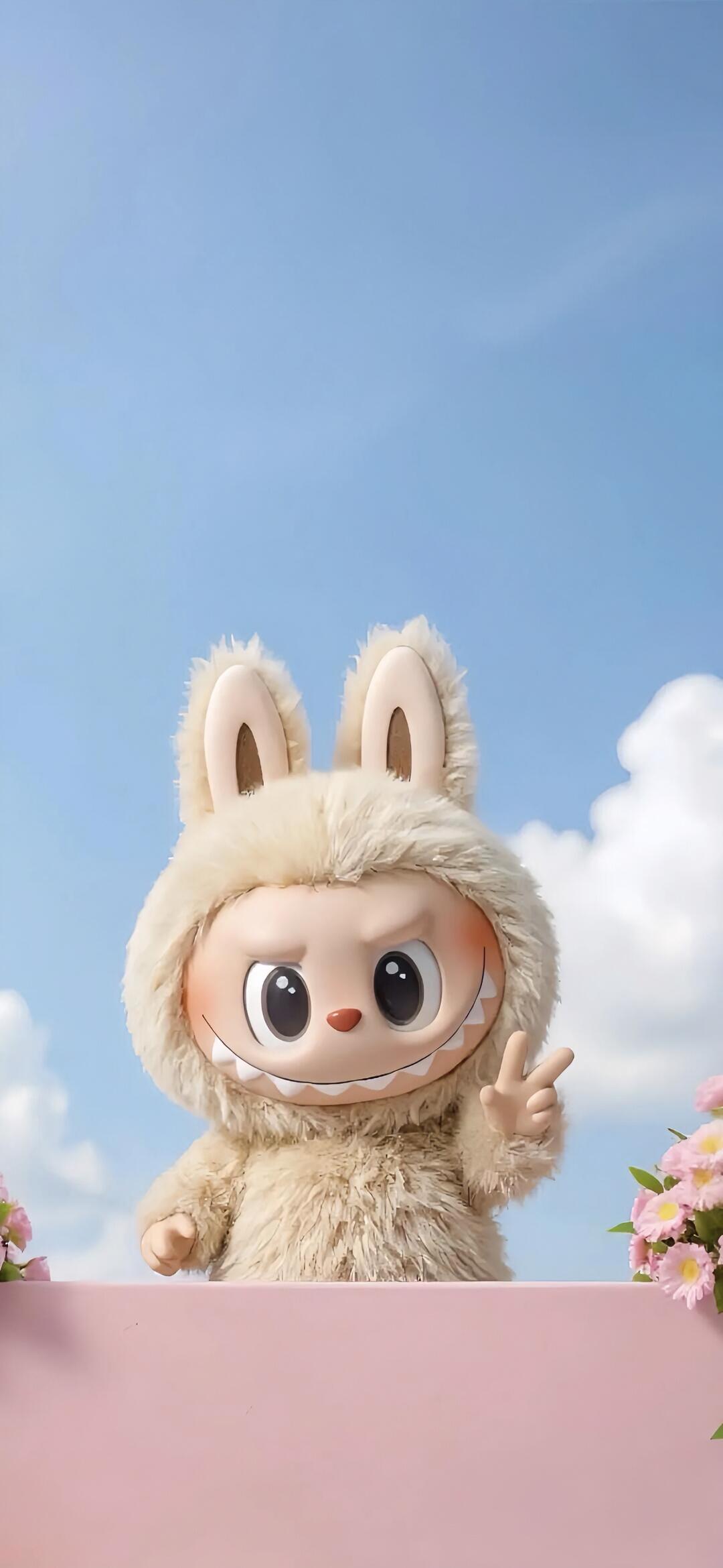 Labubu Peeking & Peace-Signing Among Blooms